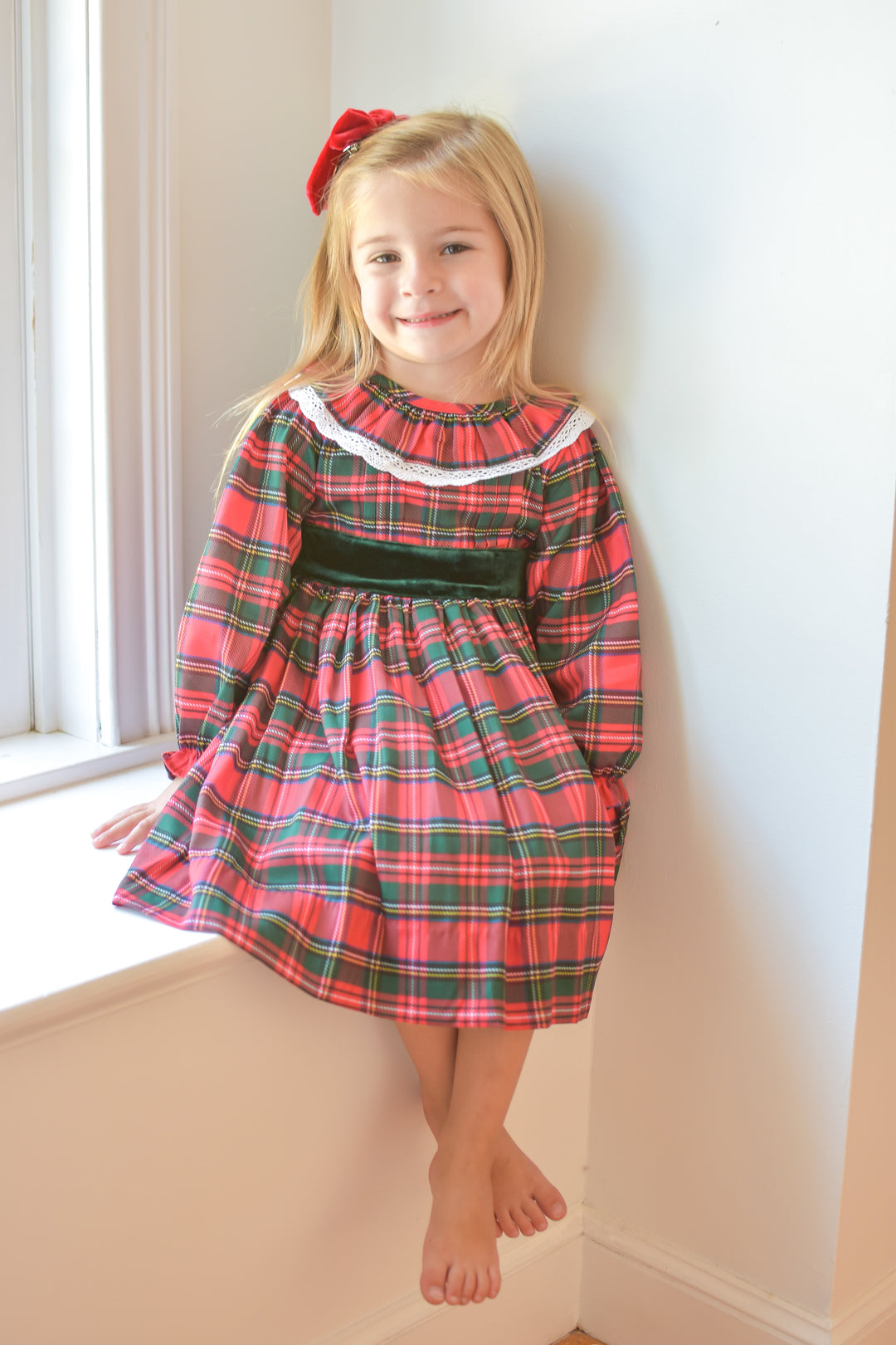 PRE-ORDER Girls Christmas Tartan with Green Velvet Bow Smocked Dress