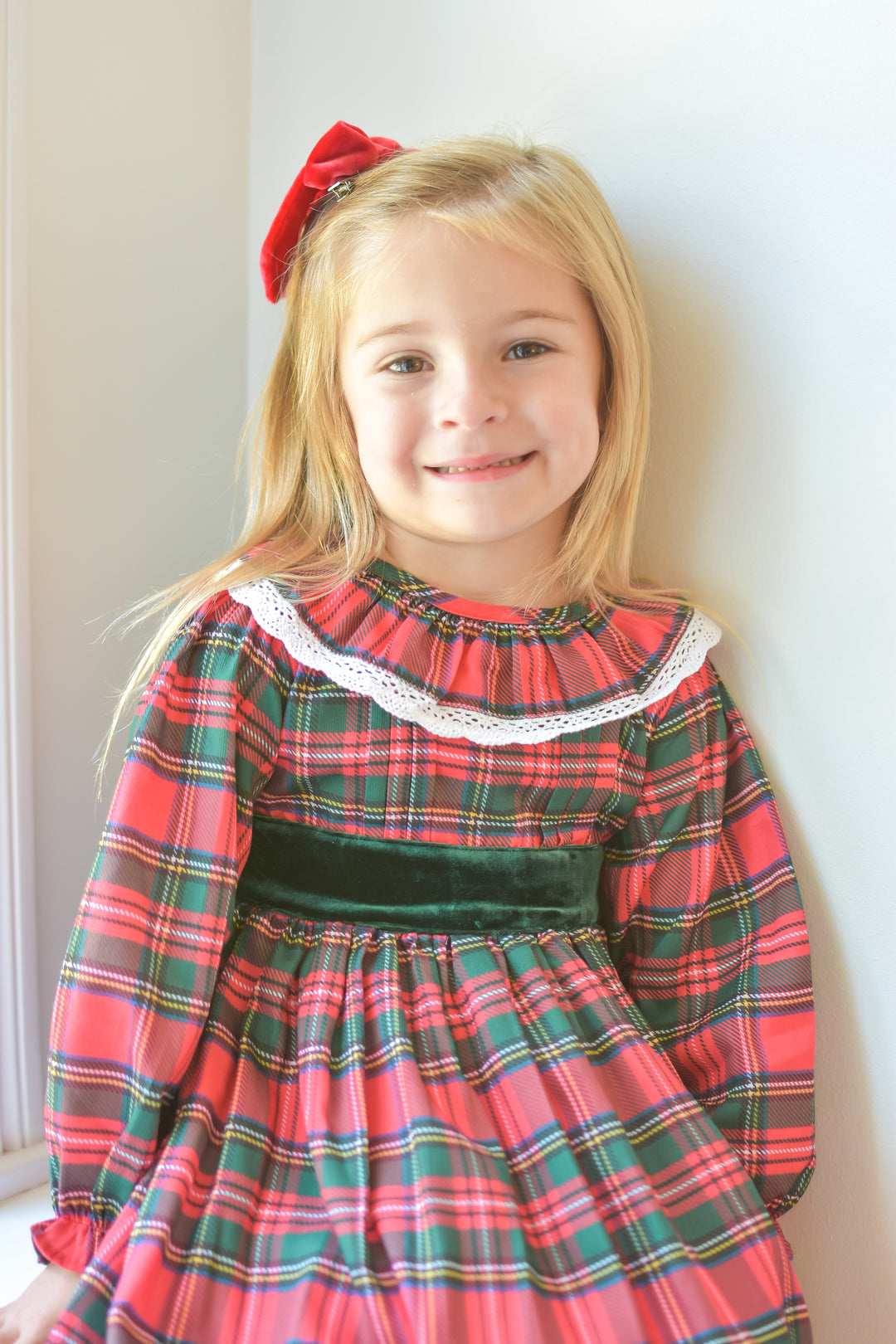 PRE-ORDER Girls Christmas Tartan with Green Velvet Bow Smocked Dress