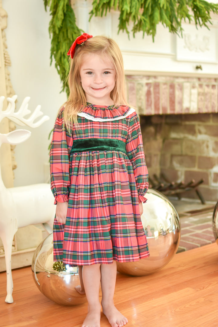 PRE-ORDER Girls Christmas Tartan with Green Velvet Bow Smocked Dress