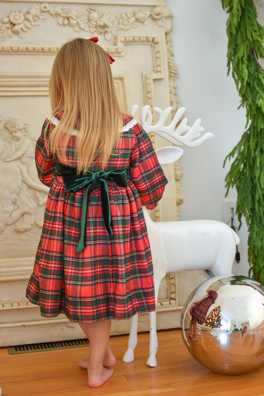 PRE-ORDER Girls Christmas Tartan with Green Velvet Bow Smocked Dress