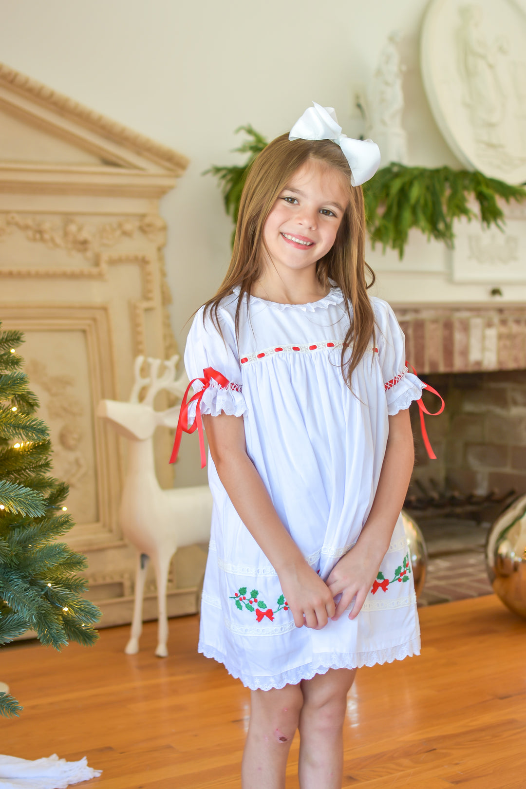 Girls White Heirloom Christmas Dress with Red Satin Bows Lillie & Lilah Girls White Heirloom Christmas Dress with Red Satin Bows Lillie & Lilah