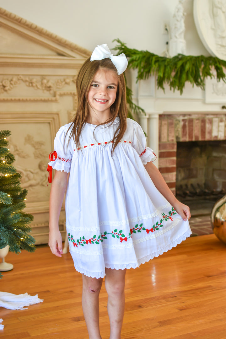 PRE-ORDER Girls White Heirloom Christmas Dress with Red Satin Bows