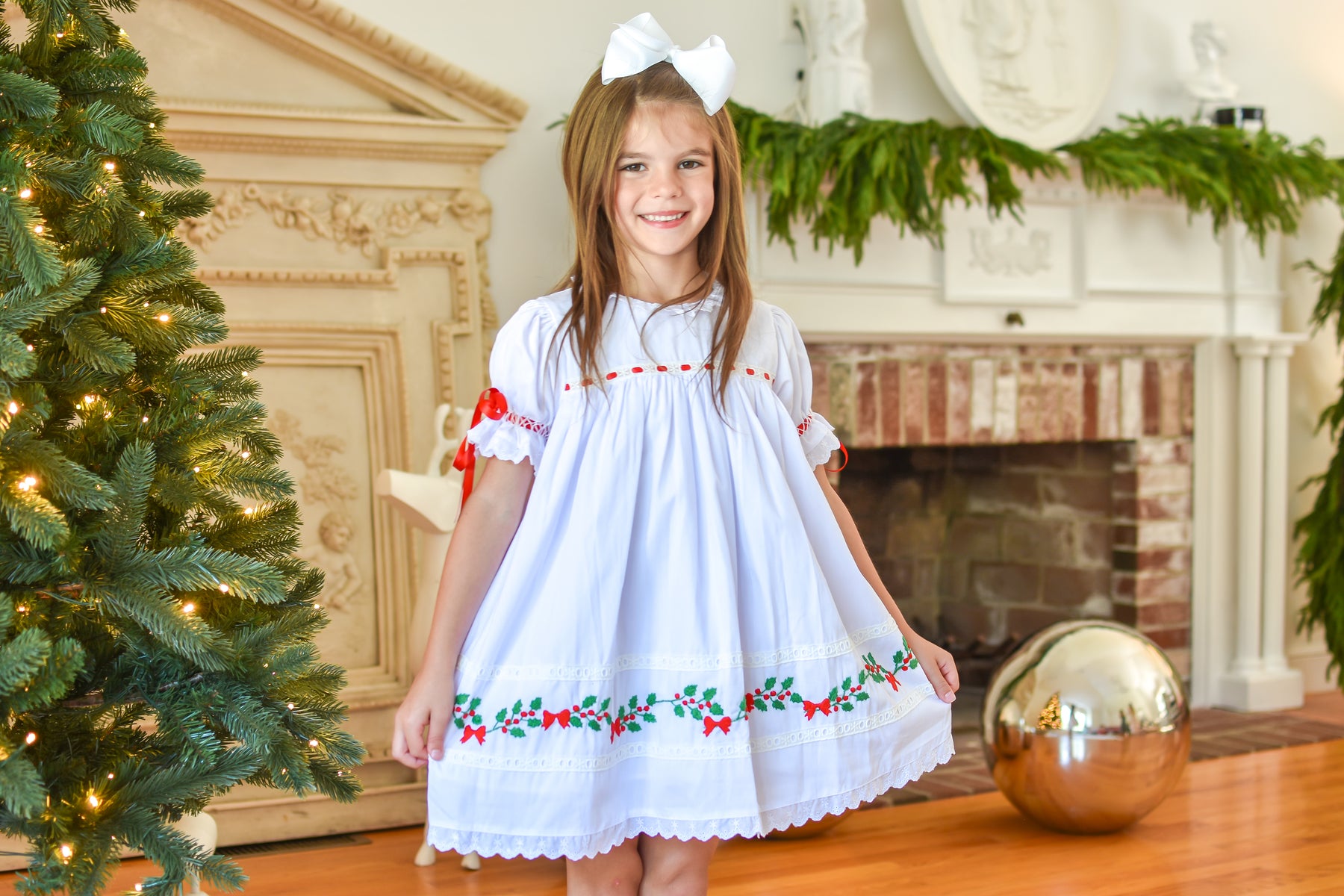 Girls White Heirloom Christmas Dress with Red Satin Bows