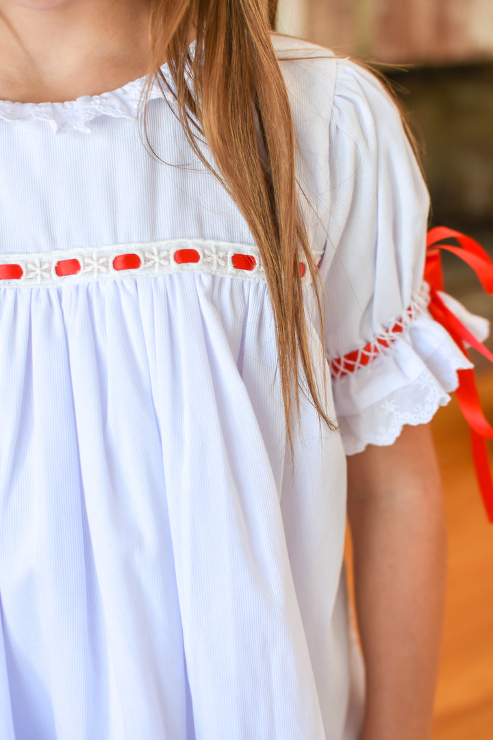 PRE-ORDER Girls White Heirloom Christmas Dress with Red Satin Bows