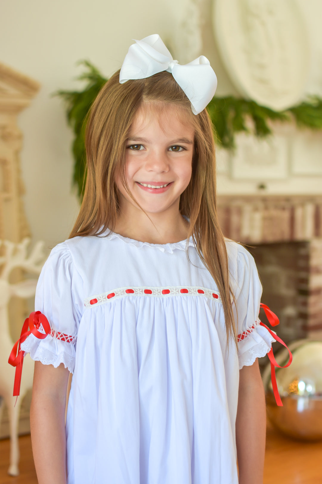PRE-ORDER Girls White Heirloom Christmas Dress with Red Satin Bows