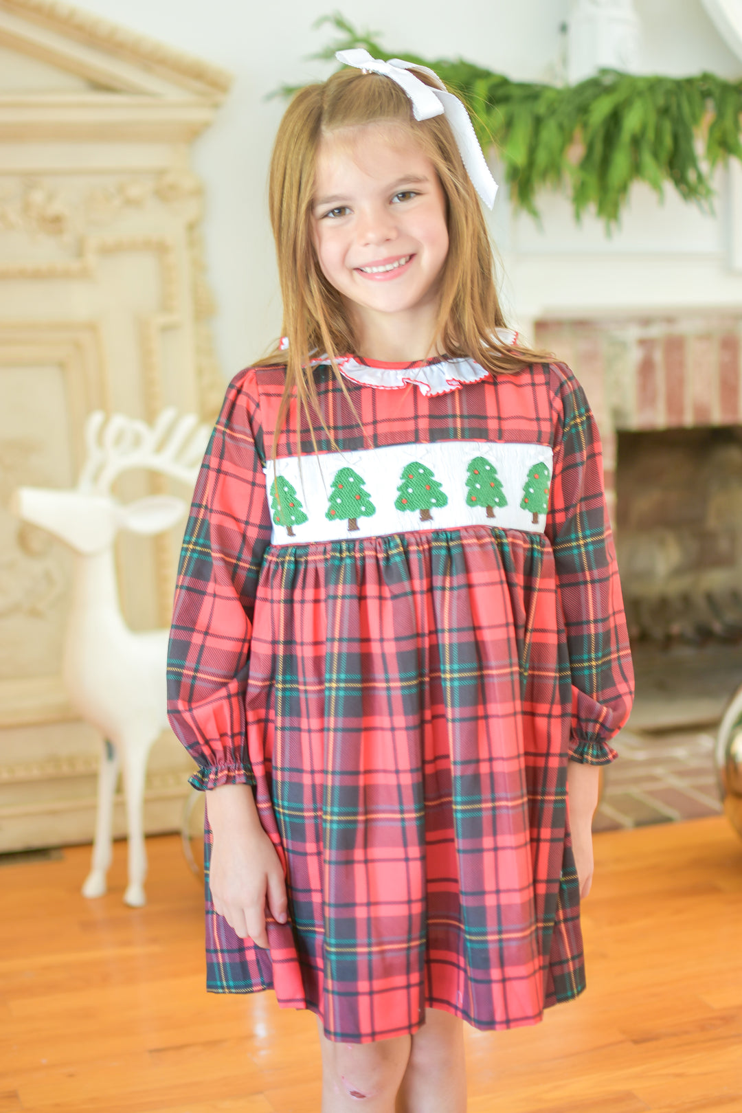 PRE-ORDER Girls Red Plaid Christmas Tree Smocked Dress