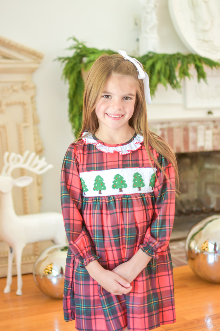 PRE-ORDER Girls Red Plaid Christmas Tree Smocked Dress