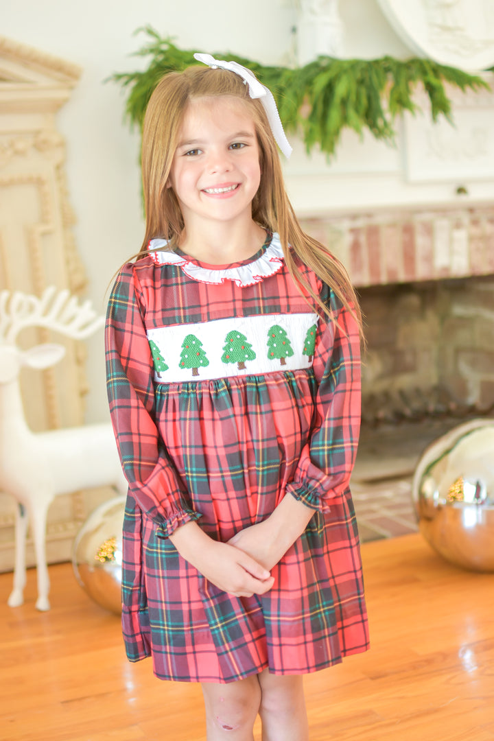 PRE-ORDER Girls Red Plaid Christmas Tree Smocked Dress