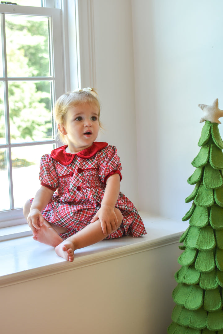 PRE-ORDER Girls Christmas Plaid Smocked Diaper Set with Burgundy Trim