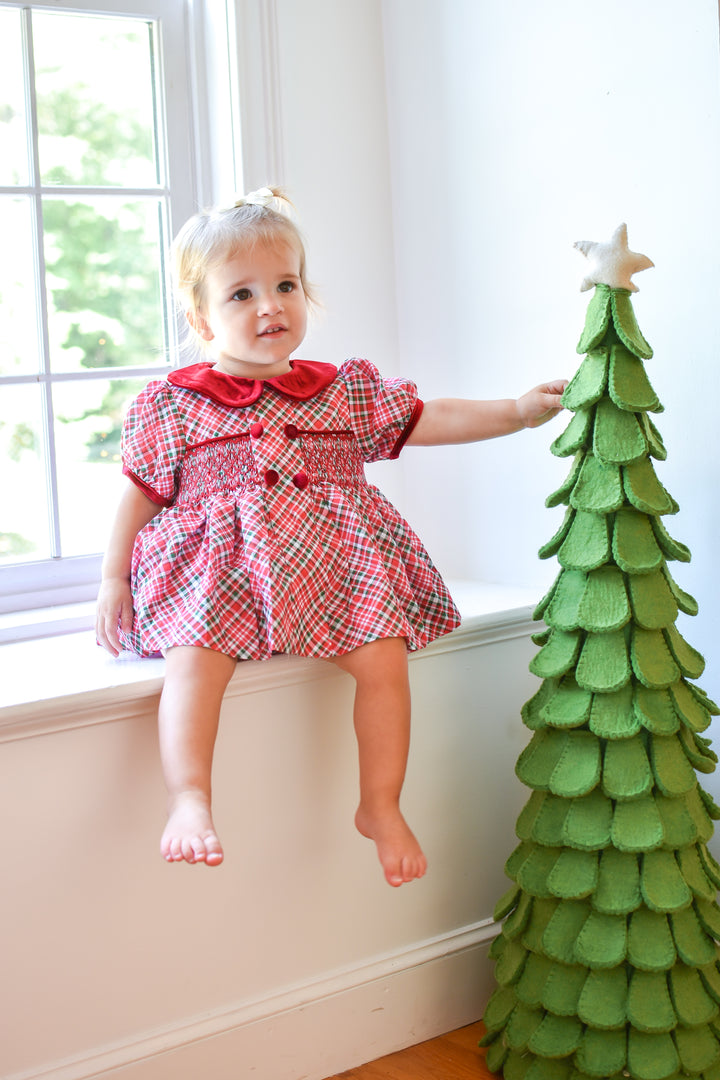 PRE-ORDER Girls Christmas Plaid Smocked Diaper Set with Burgundy Trim