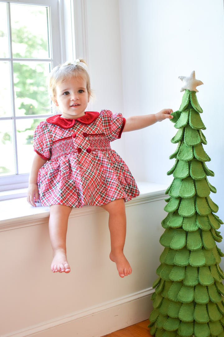 PRE-ORDER Girls Christmas Plaid Smocked Diaper Set with Burgundy Trim