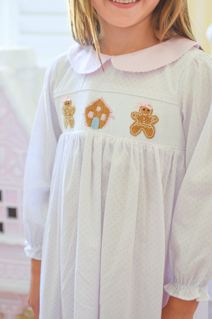 PRE-ORDER Girls Pink Polka Dot Smocked Gingerbread Dress