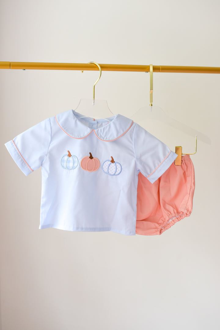 Boys Light Blue Smocked Pumpkin Diaper Set