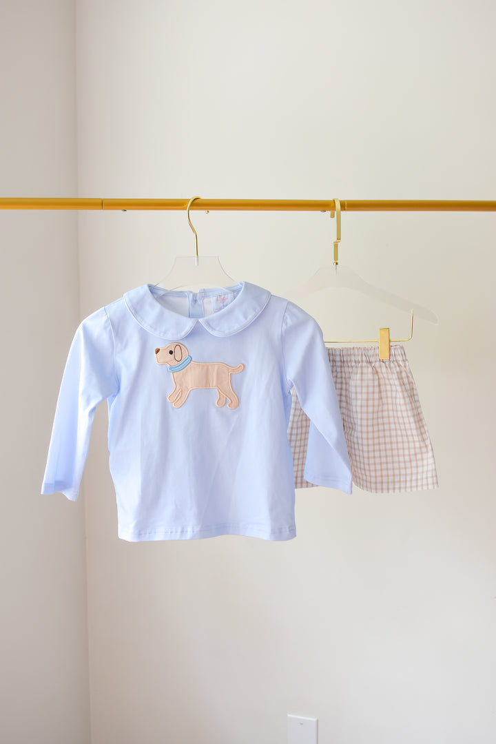PRE-ORDER Boys Puppy Applique Shirt & Gingham Shorts Set