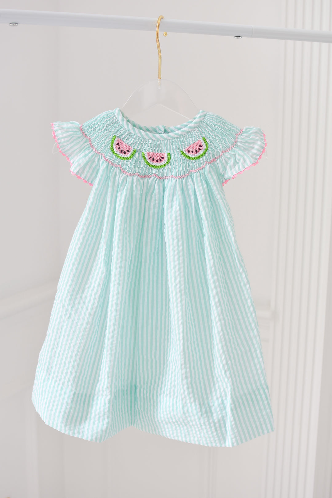 Green Seersucker Smocked Watermelon Dress Lillie & Lilah Green Seersucker Smocked Watermelon Dress Lillie & Lilah