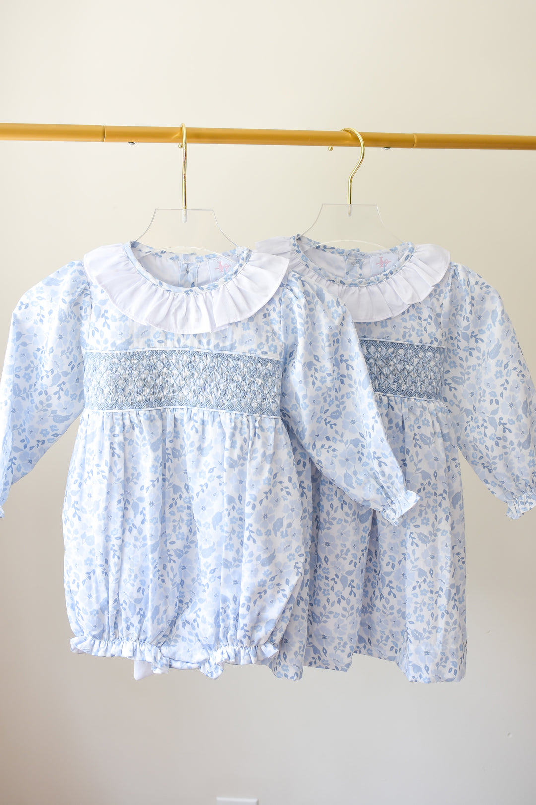PRE-ORDER Blue Long Sleeve Floral Smocked Dress with Bow