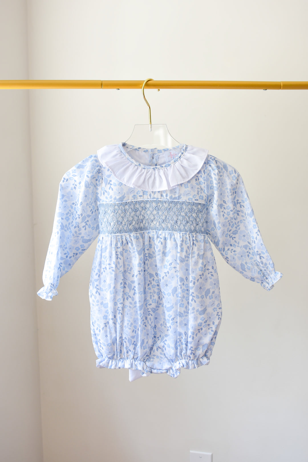 PRE-ORDER Girls Blue Long Sleeve Floral Smocked Bubble with Bow