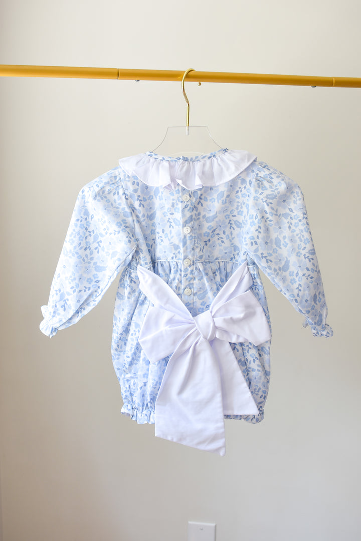 PRE-ORDER Girls Blue Long Sleeve Floral Smocked Bubble with Bow
