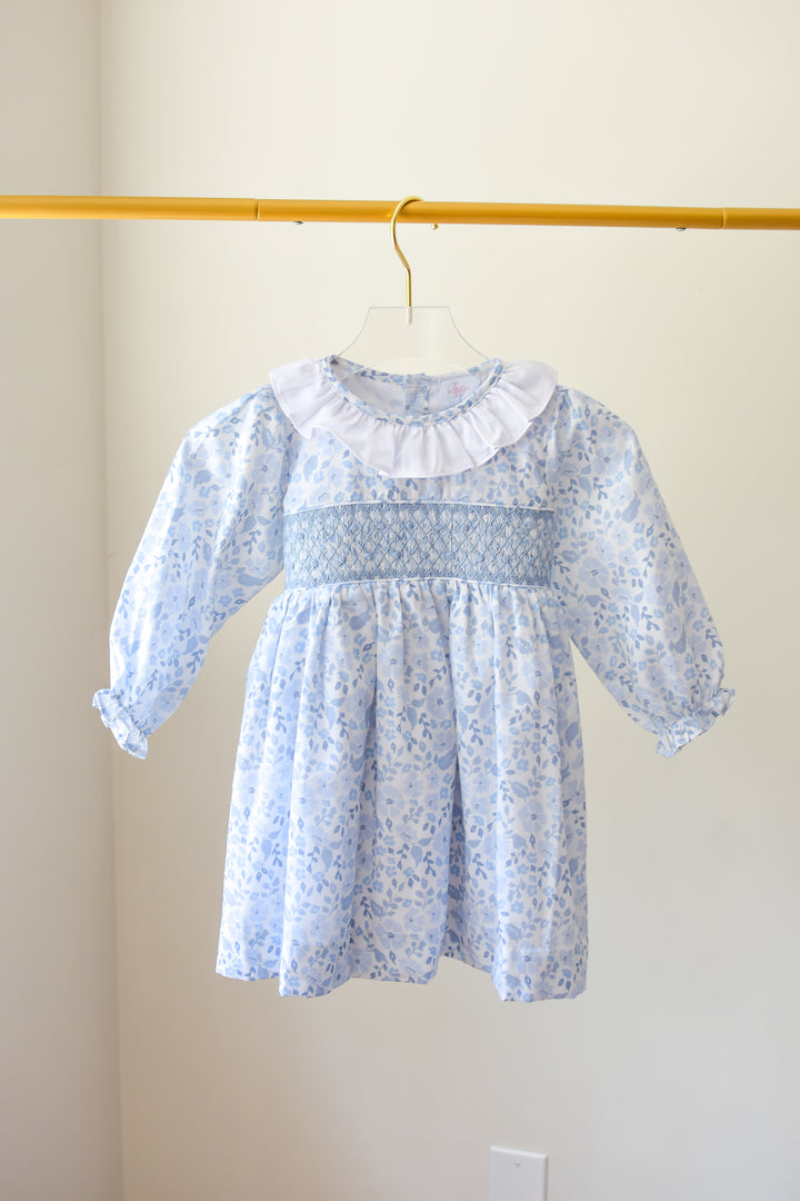 PRE-ORDER Blue Long Sleeve Floral Smocked Dress with Bow