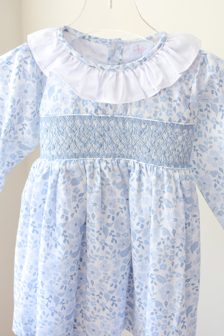 PRE-ORDER Blue Long Sleeve Floral Smocked Dress with Bow