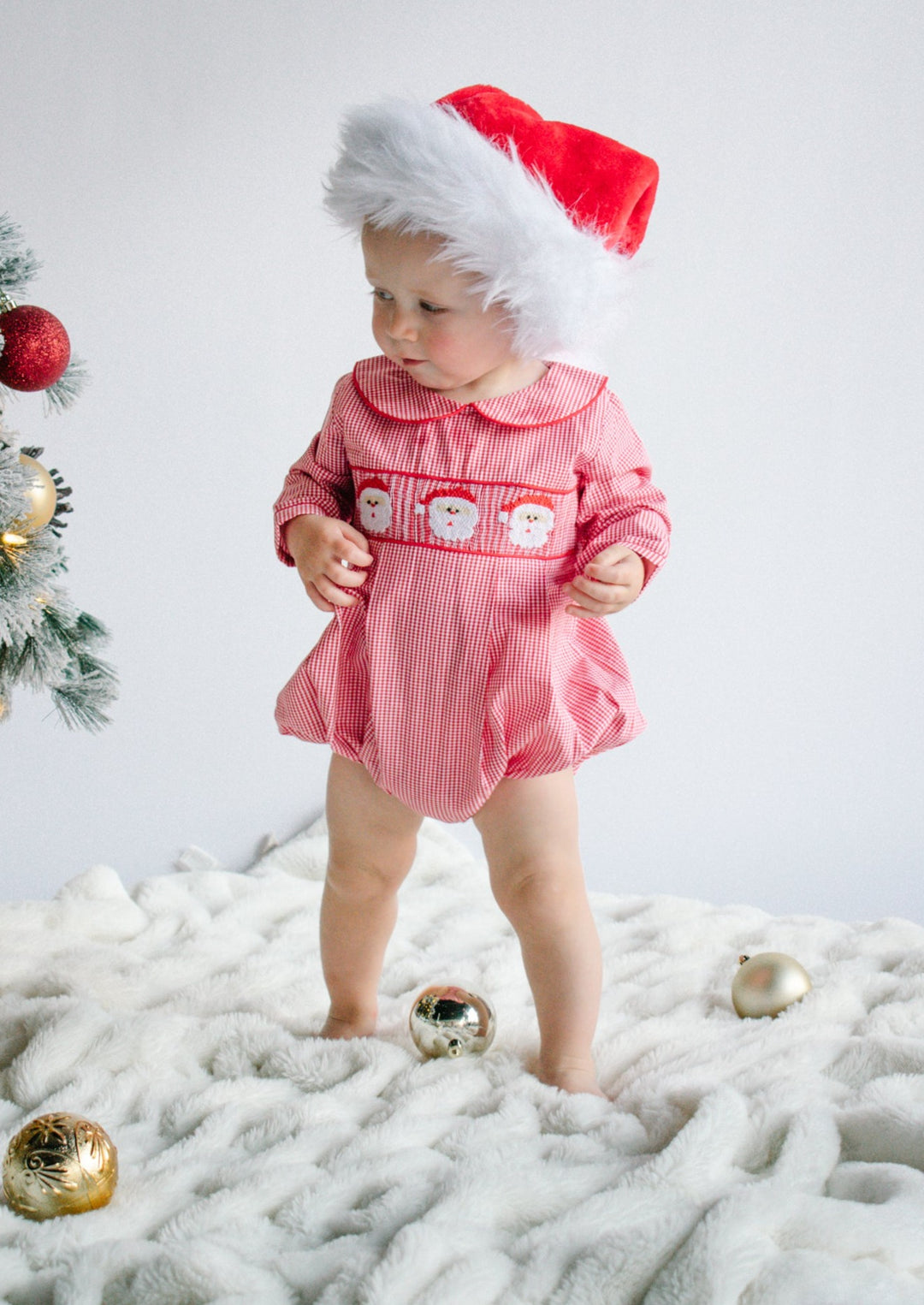 baby girl smocked christmas dress Smocked Christmas Tree Dress on Red