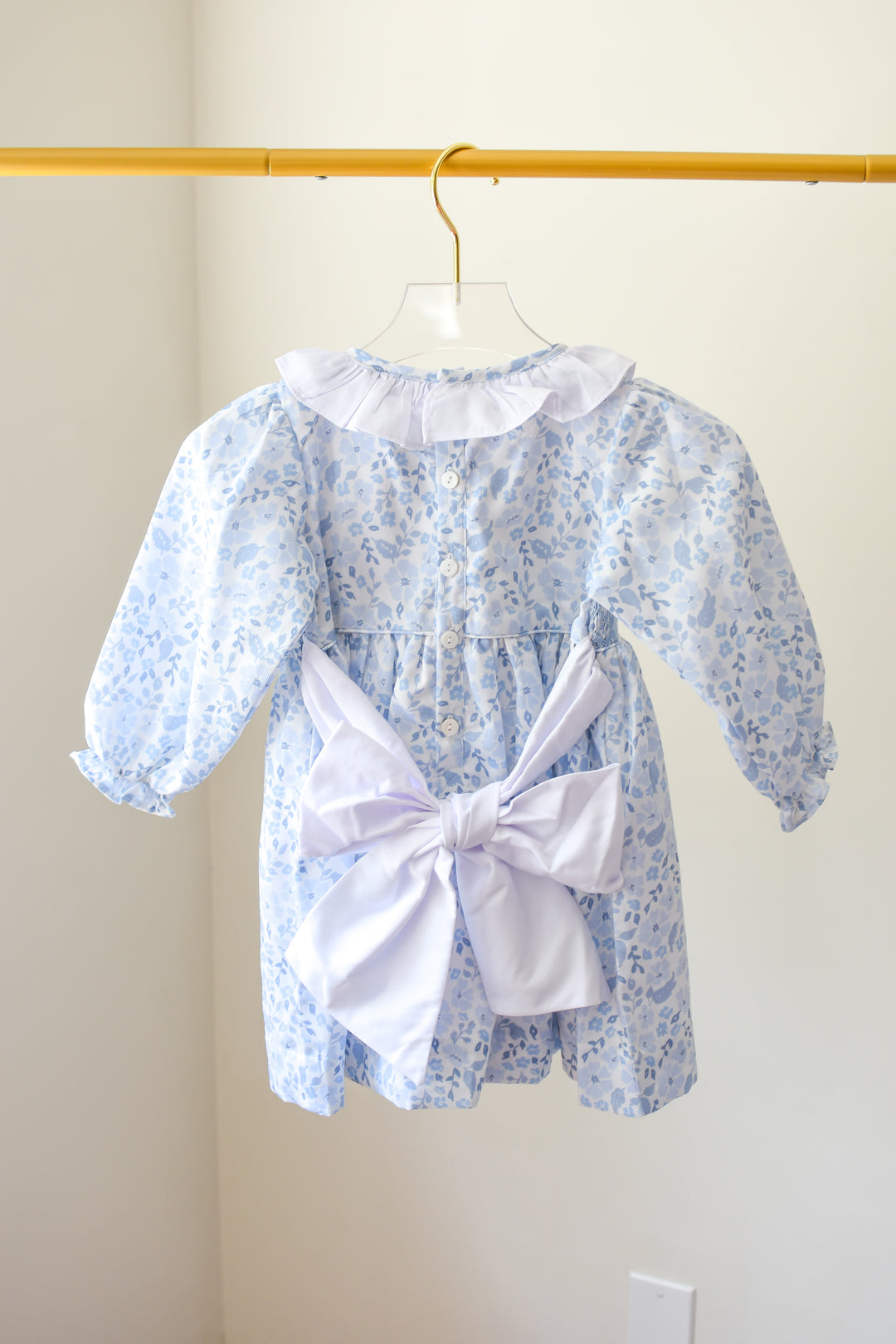 PRE-ORDER Blue Long Sleeve Floral Smocked Dress with Bow