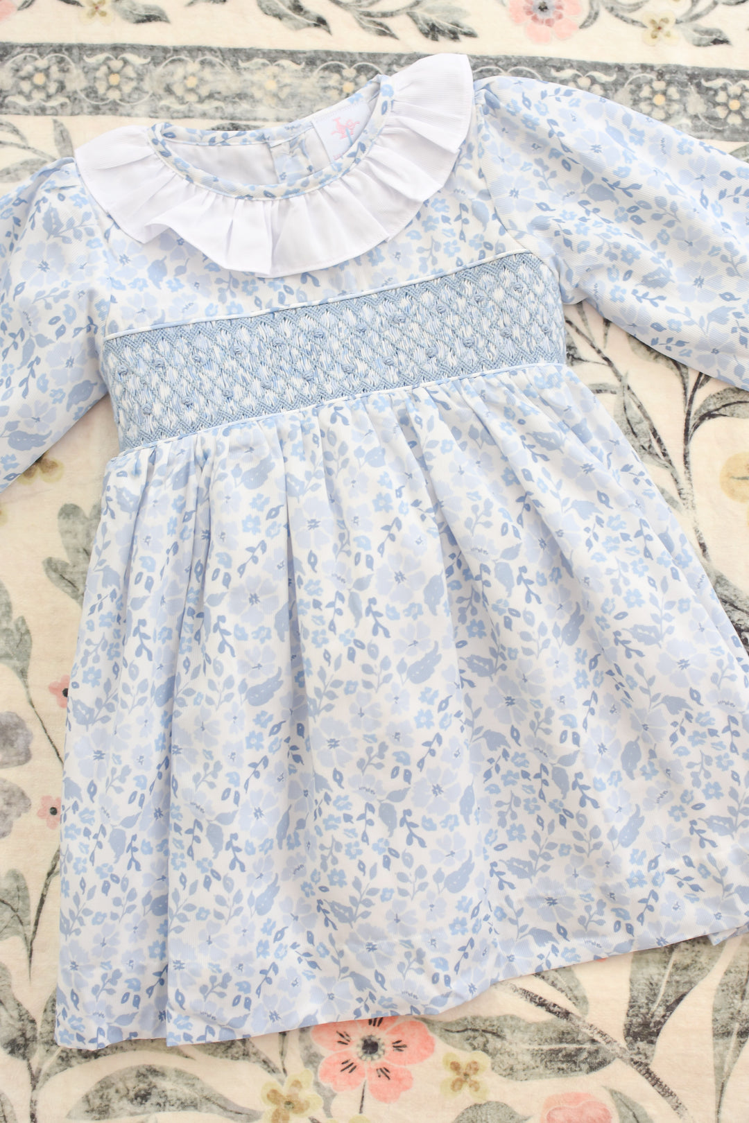 PRE-ORDER Blue Long Sleeve Floral Smocked Dress with Bow