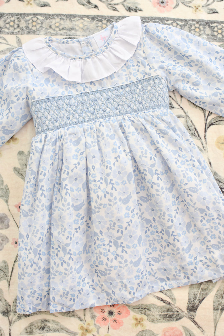 PRE-ORDER Blue Long Sleeve Floral Smocked Dress with Bow