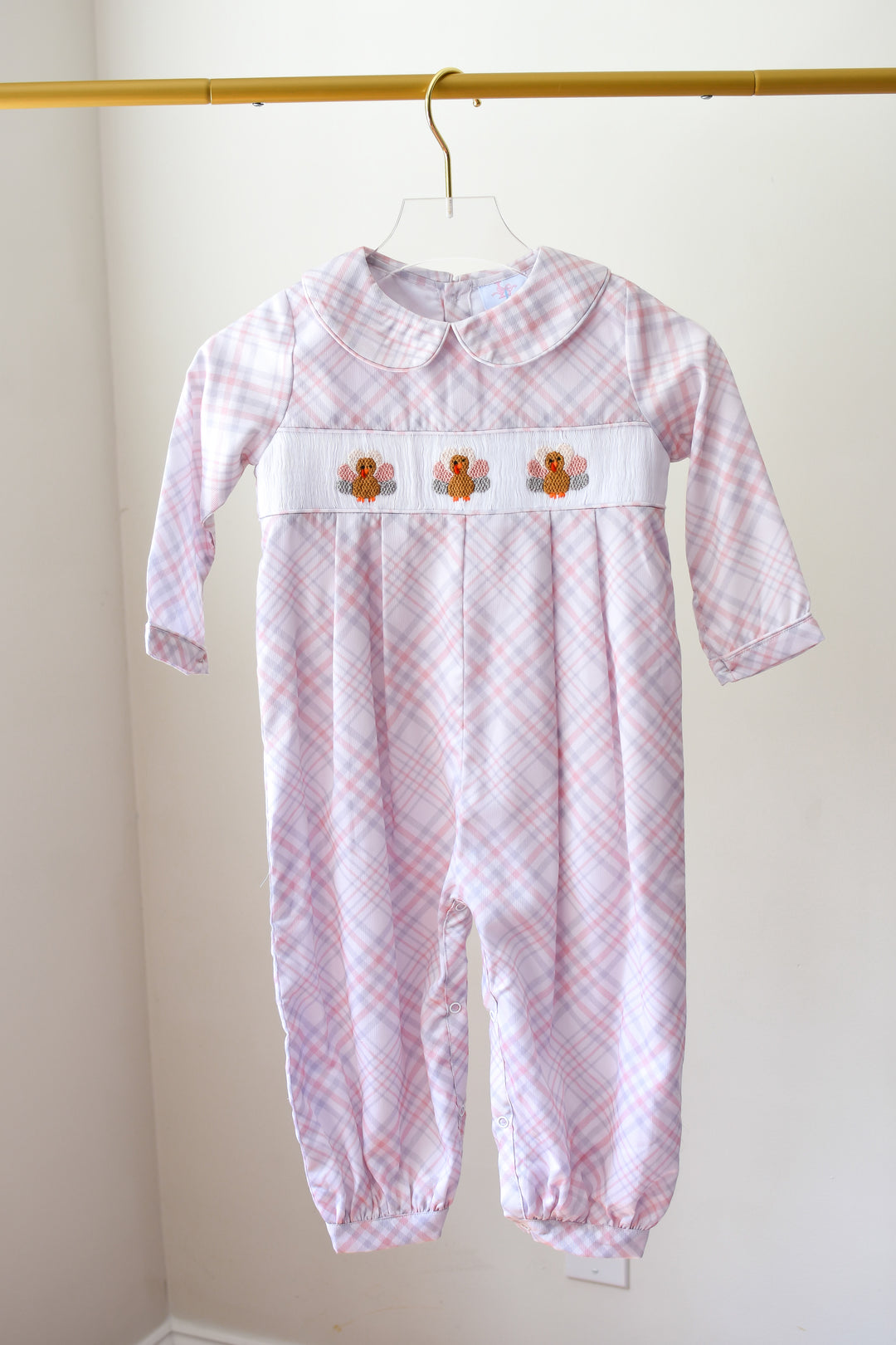 Boys Beige Plaid Turkey Smocked Romper