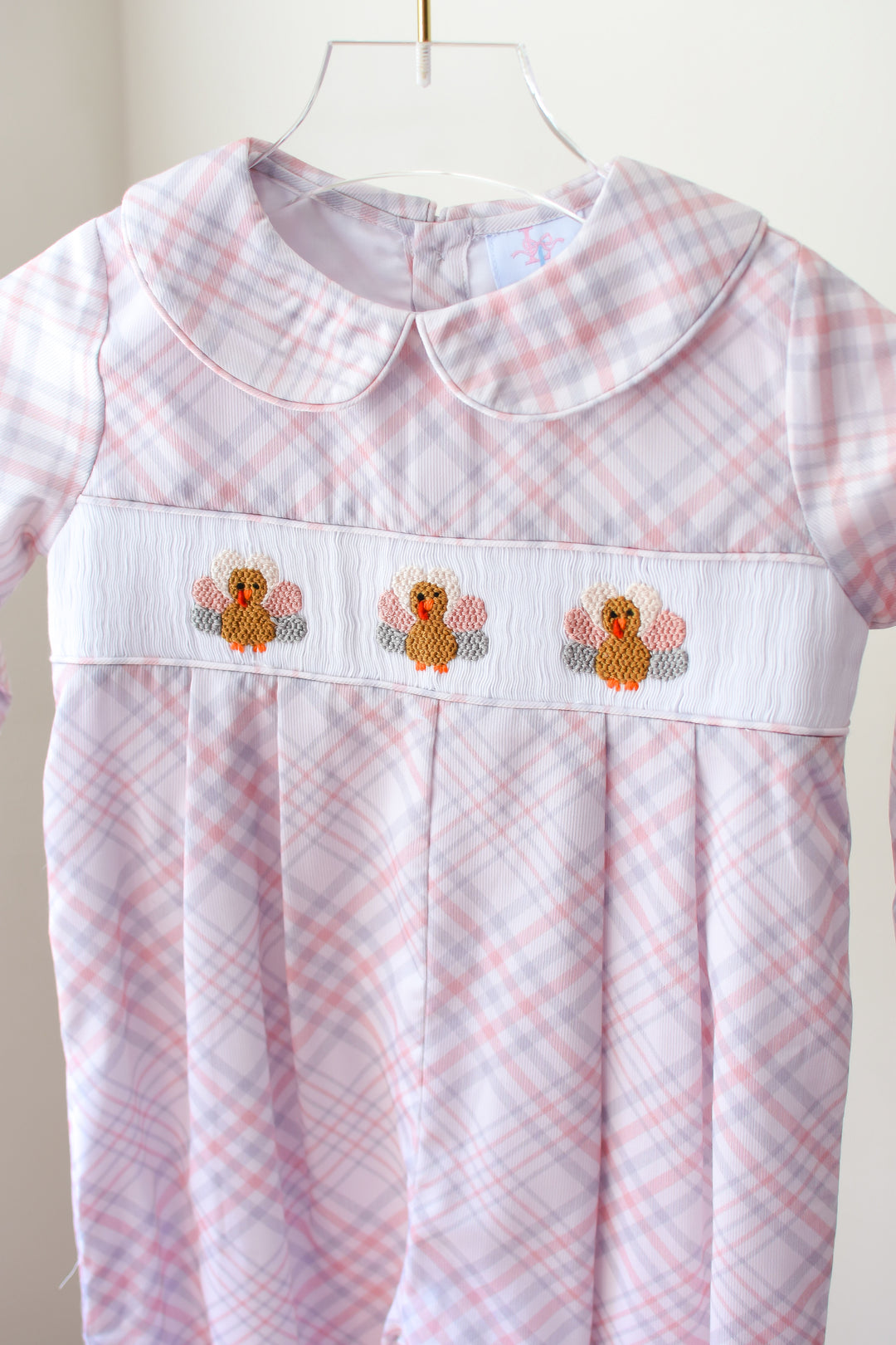 Boys Beige Plaid Turkey Smocked Romper
