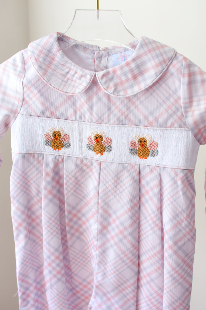 Boys Beige Plaid Turkey Smocked Romper