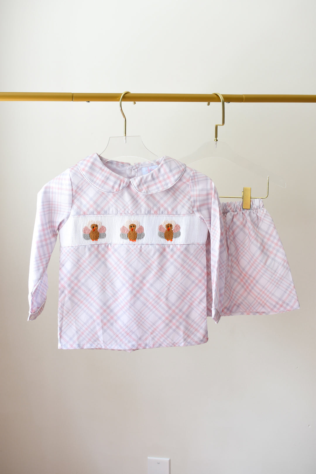 Boys Beige Plaid Turkey Smocked Short Set