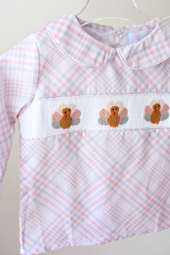 Boys Beige Plaid Turkey Smocked Short Set