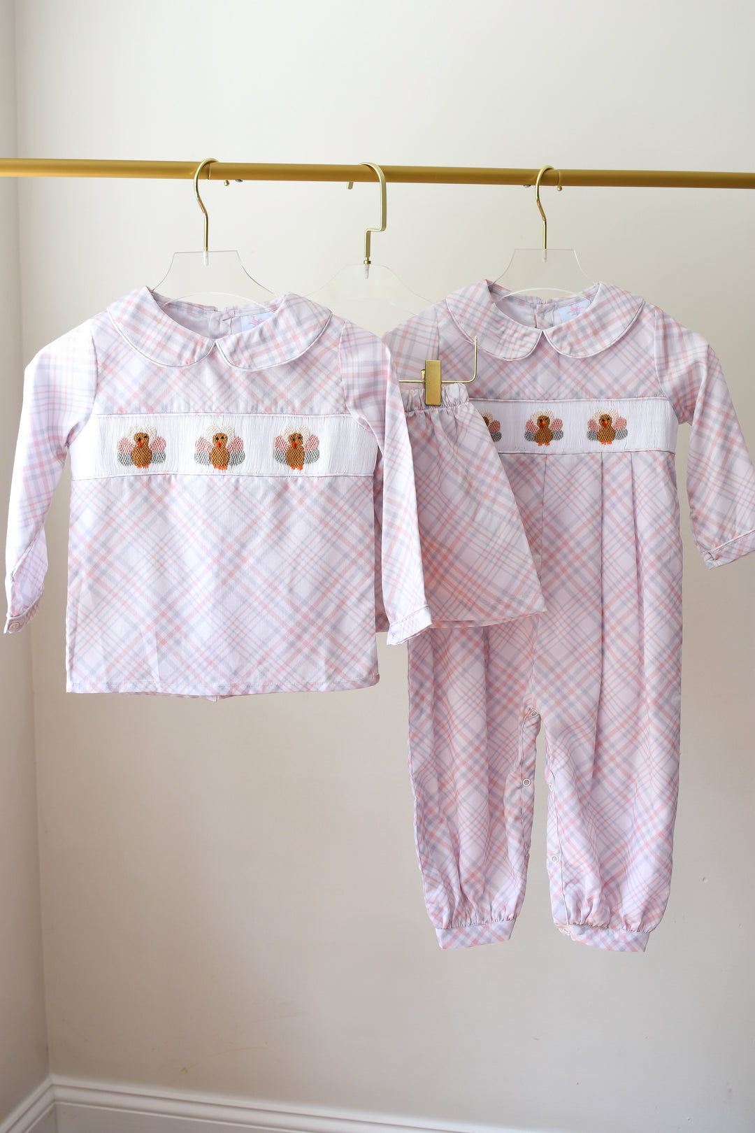 Boys Beige Plaid Turkey Smocked Short Set