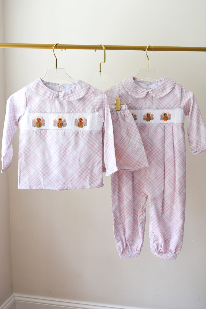 Boys Beige Plaid Turkey Smocked Short Set