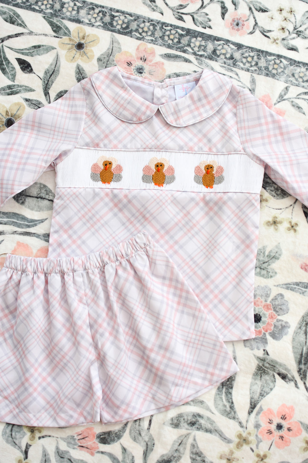 Boys Beige Plaid Turkey Smocked Short Set