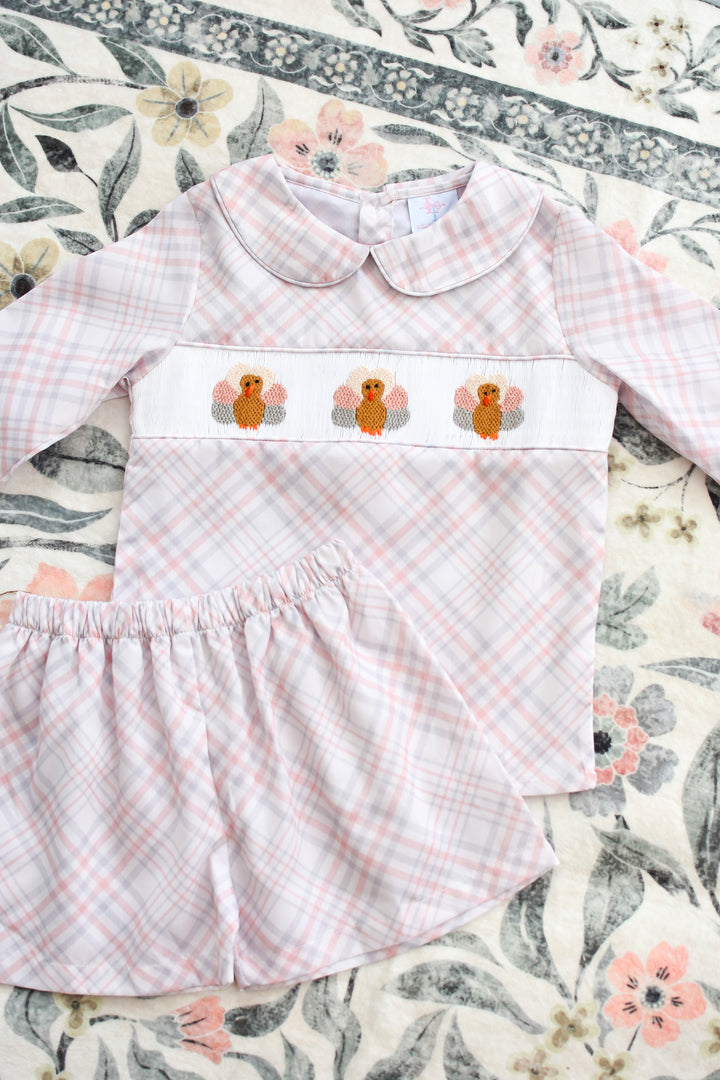 Boys Beige Plaid Turkey Smocked Short Set