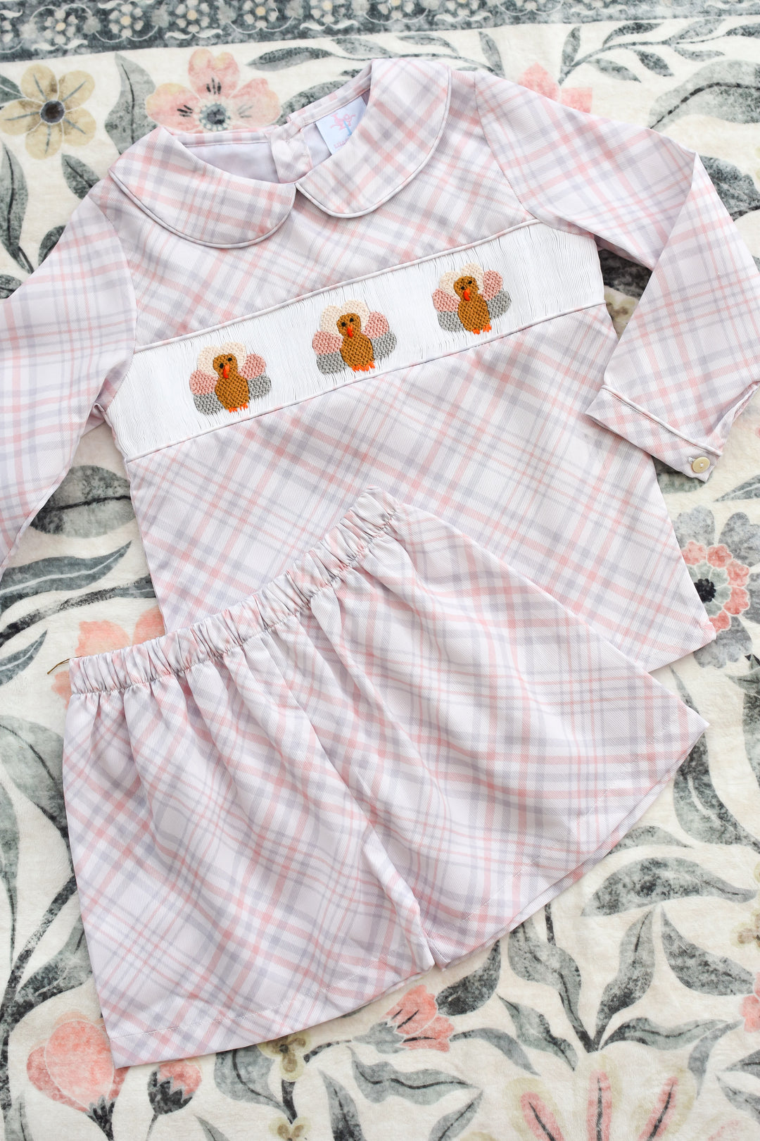 Boys Beige Plaid Turkey Smocked Short Set