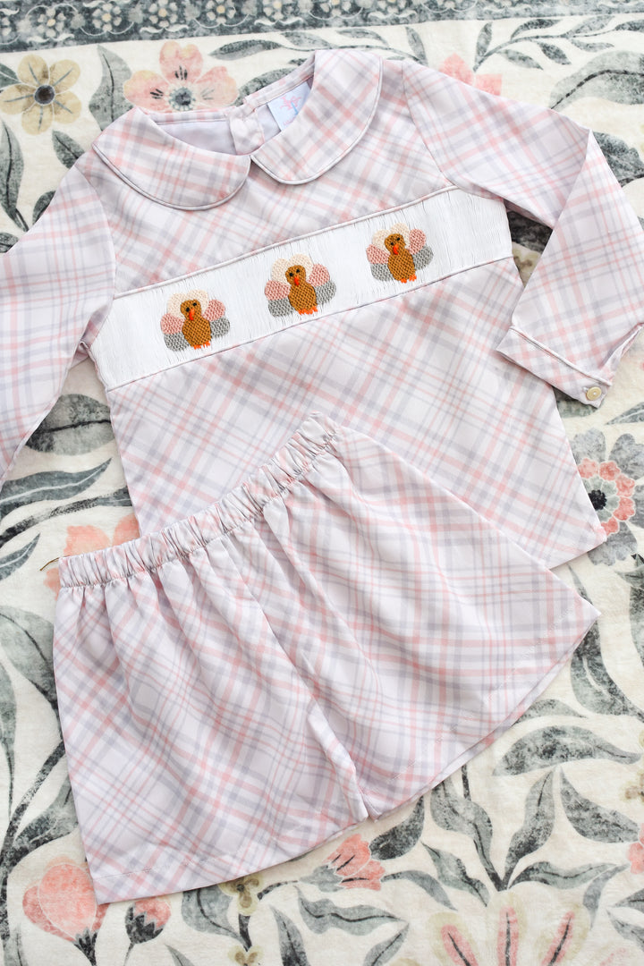 Boys Beige Plaid Turkey Smocked Short Set