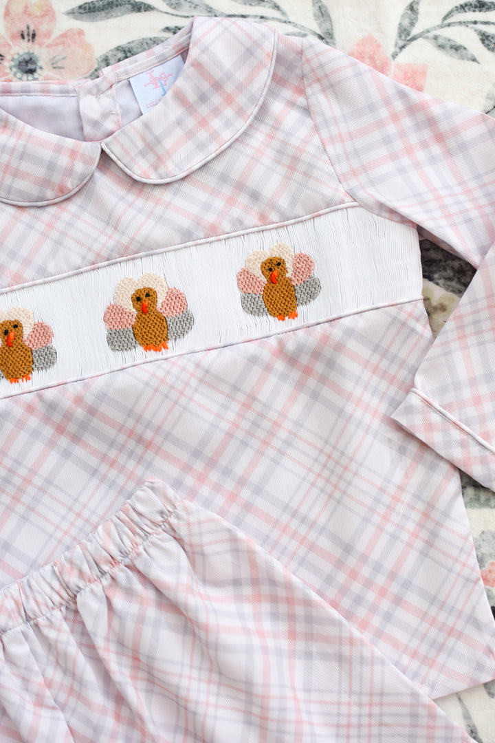 Boys Beige Plaid Turkey Smocked Short Set