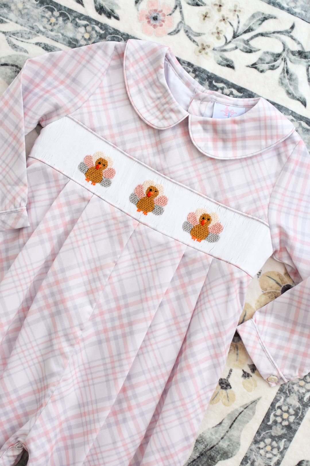 Boys Beige Plaid Turkey Smocked Romper