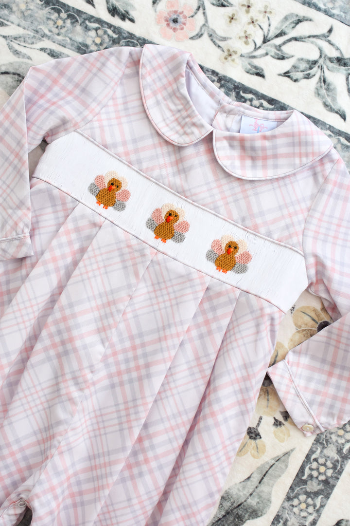 Boys Beige Plaid Turkey Smocked Romper