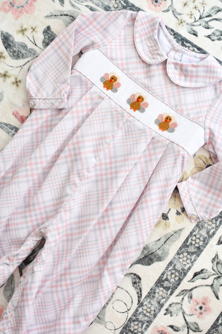 Boys Beige Plaid Turkey Smocked Romper