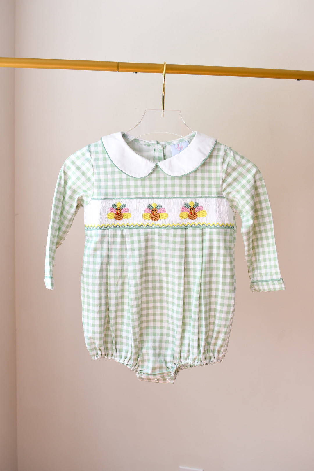 Green Gingham Turkey Smocked Boy Bubble