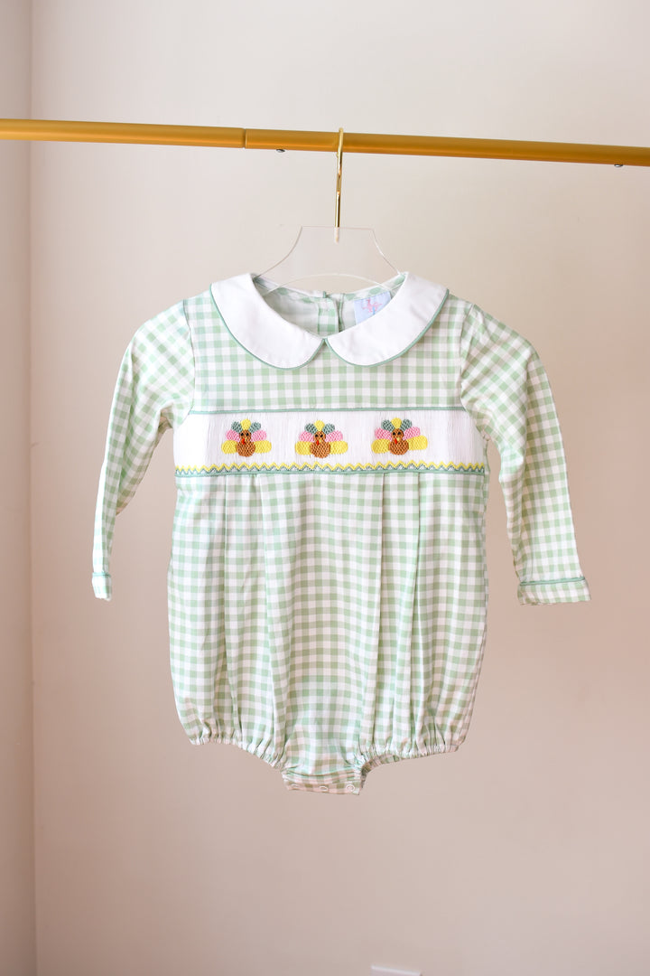Green Gingham Turkey Smocked Boy Bubble