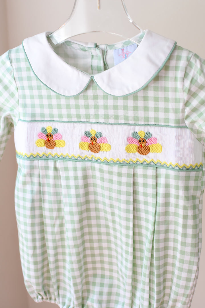 Green Gingham Turkey Smocked Boy Bubble