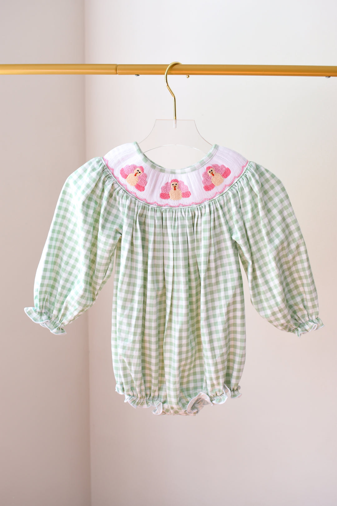 Green Gingham Turkey Smocked Bubble