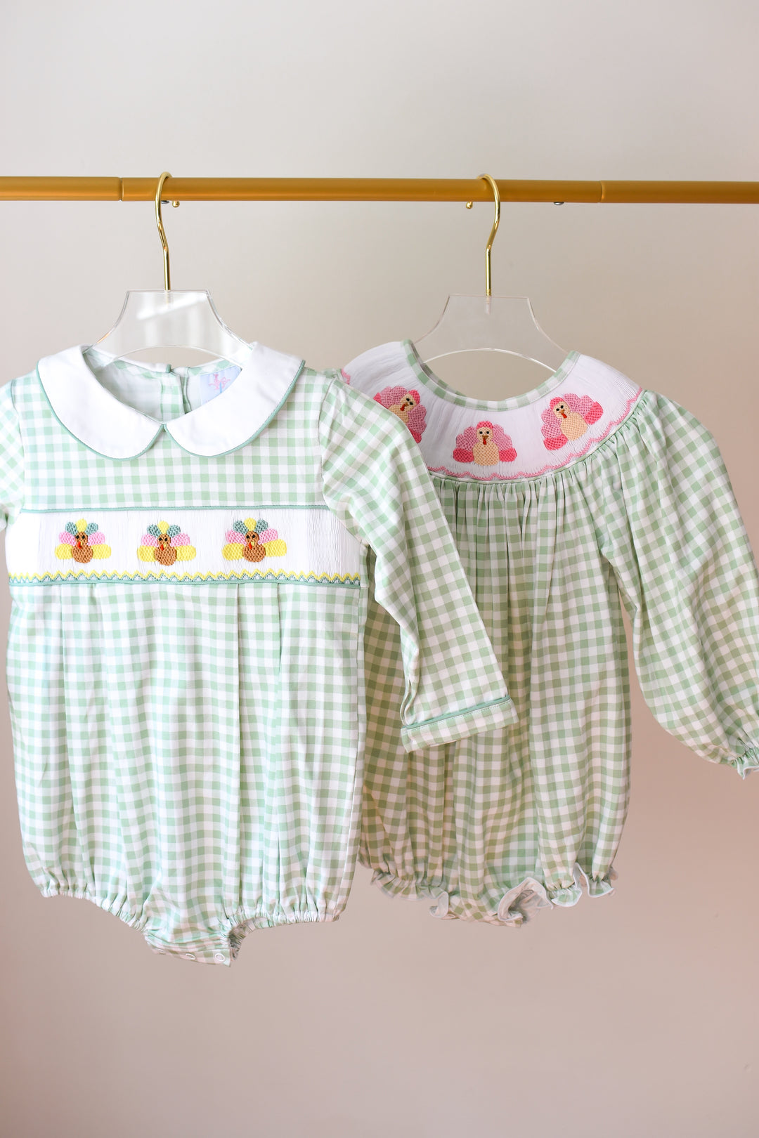 Green Gingham Turkey Smocked Boy Bubble