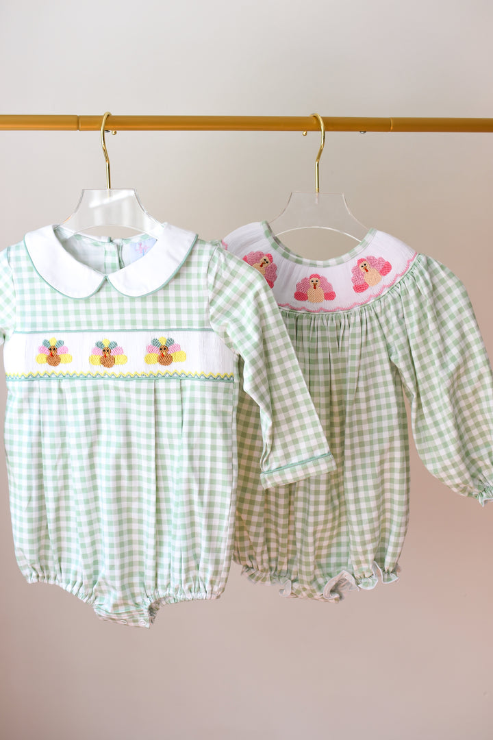 Green Gingham Turkey Smocked Boy Bubble