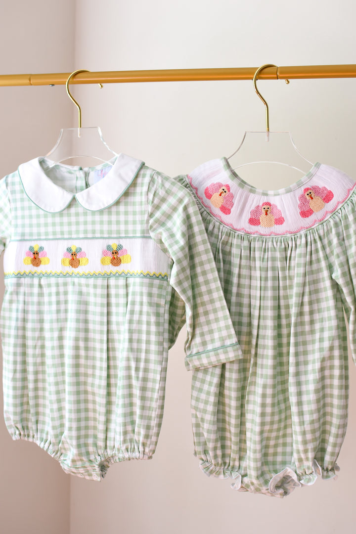 Green Gingham Turkey Smocked Bubble
